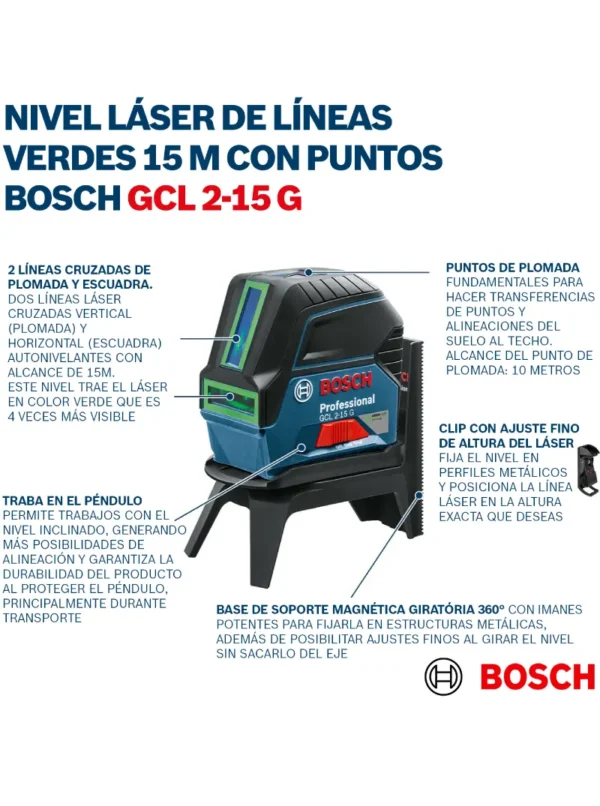 NIVEL LÁSER VERDE 2 LÍNEAS Y PLOMADA GCL 2-15 G BOSCH - Imagen 5