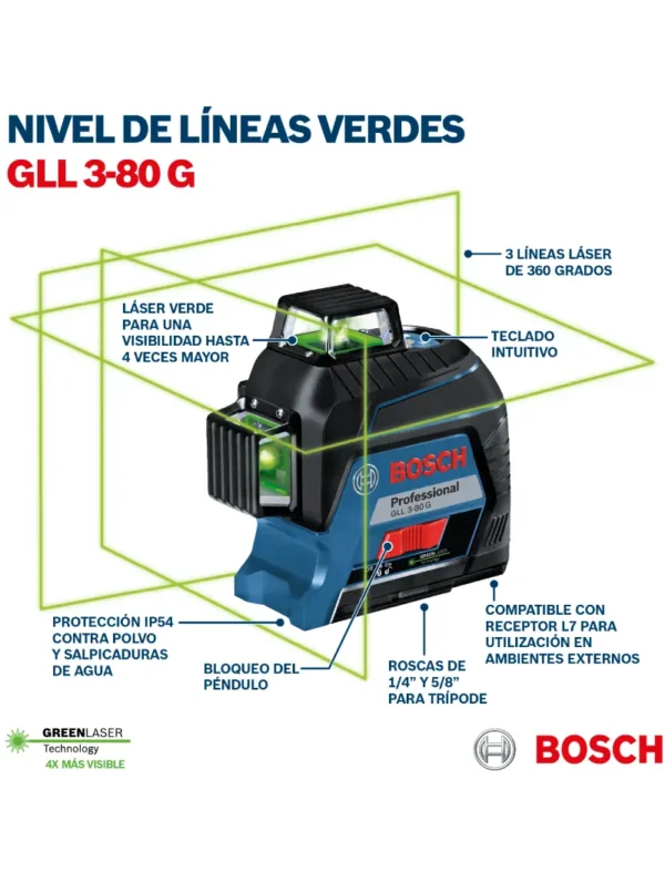 NIVEL LÁSER PROFESIONAL LÍNEAS VERDES GLL 3-80 G BOSCH - Imagen 5