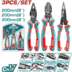 Juego de alicates TOTAL THT2MK231 con cortafrío y pinza de 8 pulgadas para corte, sujeción y trabajos eléctricos y mecánicos.