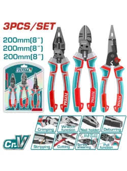 Juego de alicates TOTAL THT2MK231 con cortafrío y pinza de 8 pulgadas para corte, sujeción y trabajos eléctricos y mecánicos.