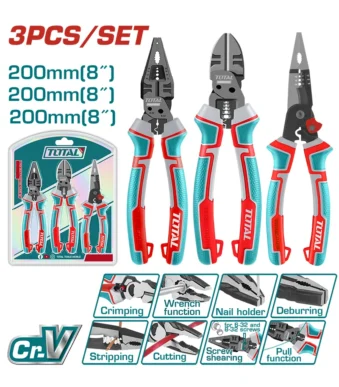Juego de alicates TOTAL THT2MK231 con cortafrío y pinza de 8 pulgadas para corte, sujeción y trabajos eléctricos y mecánicos.