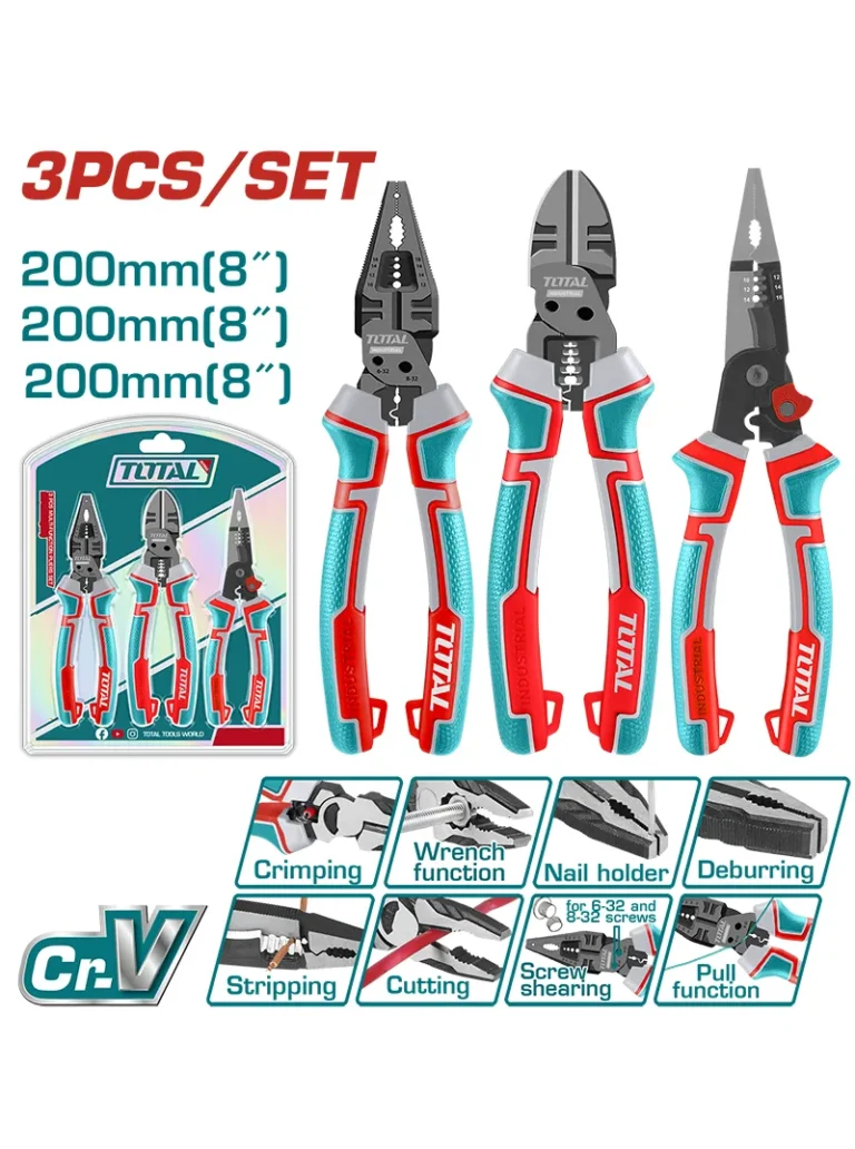 Juego de alicates TOTAL THT2MK231 con cortafrío y pinza de 8 pulgadas para corte, sujeción y trabajos eléctricos y mecánicos.