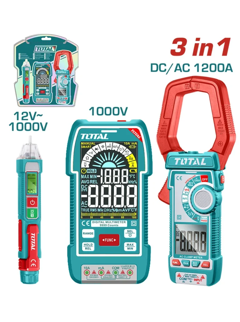 Kit de pruebas eléctricas con multímetro digital AC/DC 1000V, pinza amperimétrica AC/DC y detector de voltaje de 12V a 1000V.