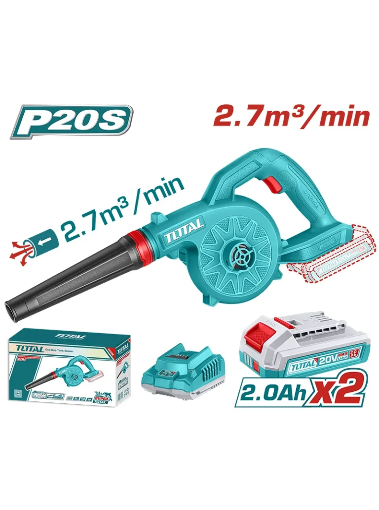 Soplador inalámbrico TOTAL UTABLI20782 de 20V con 2 baterías y cargador para limpieza de hojas, polvo y residuos.