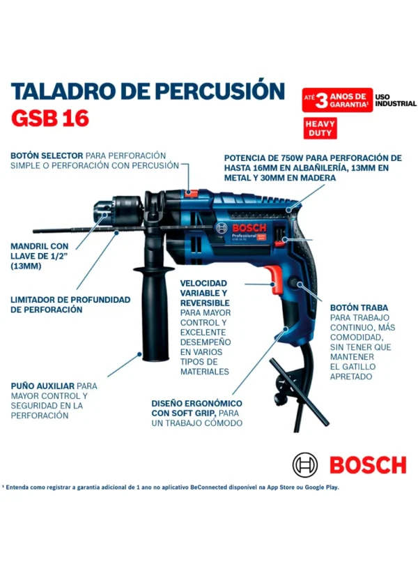 TALADRO PERCUTOR PROFESSIONAL 1/2" 750W GSB 16 RE BOSCH - Imagen 4