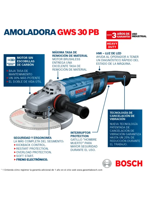 PULIDORA ANGULAR DE 7" 2800W GWS 30-180 PB BOSCH - Imagen 5