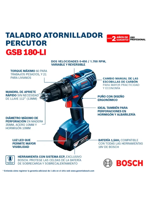 TALADRO PERCUTOR INALÁMBRICO DE 18V 1/2" GSB 180-LI BOSCH - Imagen 5