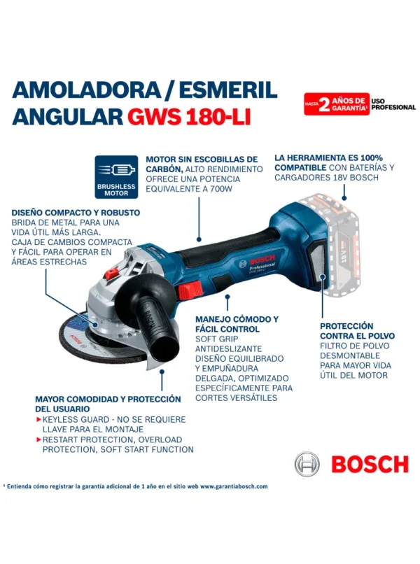 PULIDORA INALÁMBRICA DE 4.1/2" 18V GWS 180-LI BOSCH - Imagen 5