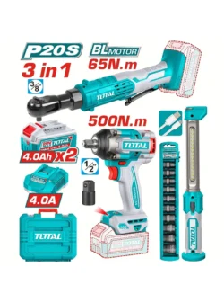 LLAVE INALÁMBRICA DE IMPACTO 12 + 2 BATERÍAS 4Ah + RACHET 38 + LÁMPARA + COPAS TOTAL UTOSLI250981