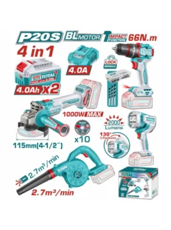 PULIDORA INALÁMBRICA 4,12 + TALADRO PERCUTOR 12 + SOPLADOR + LÁMPARA + 2 BATERÍAS 4 Ah + CARGADOR TOTAL UTOSLI250993