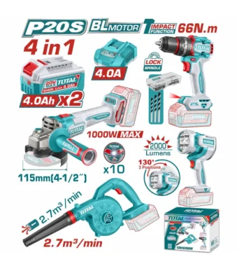 PULIDORA INALÁMBRICA 4,12 + TALADRO PERCUTOR 12 + SOPLADOR + LÁMPARA + 2 BATERÍAS 4 Ah + CARGADOR TOTAL UTOSLI250993