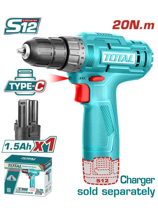 TALADRO INALÁMBRICA 1 PILA 1.5AH TIPO C 3/8" TDLI12428 TOTAL TOOLS