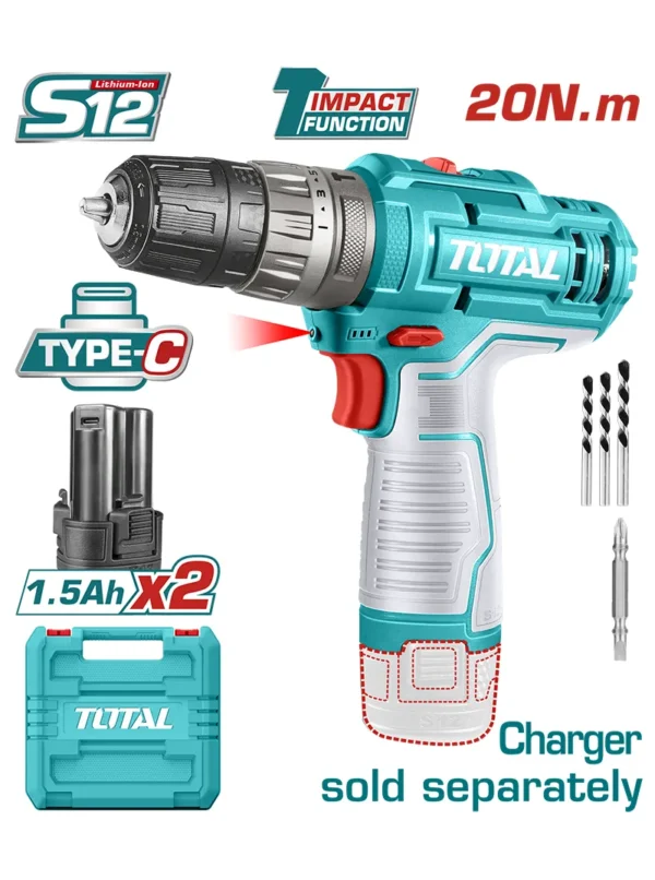 TALADRO INALÁMBRICO PERCUTOR 12V 2 PILAS TIDLI12202 TOTAL TOOLS