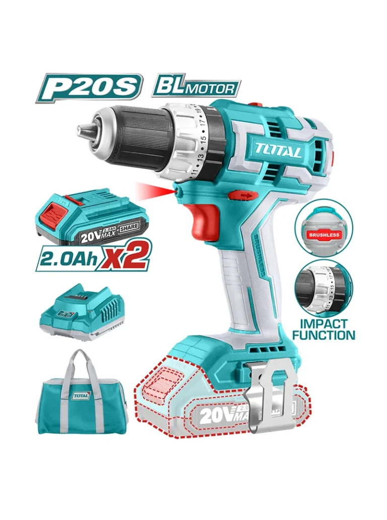 TALADRO INALÁMBRICO PERCUTOR 20V 2 PILAS UTIDLI20608 TOTAL TOOLS