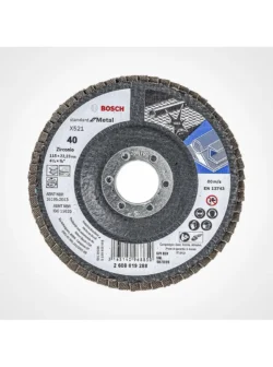 disco flap BOSCH de 4 1-2 pulgadas x 7-8 grano 40 con base de fibra para desbaste de metal