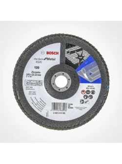 disco flap BOSCH de 7 pulgadas x 7-8 grano 120 con base de fibra para acabado de metal