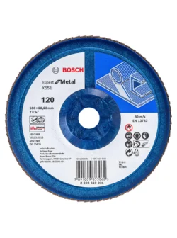 disco flap BOSCH de 7 pulgadas x 7-8 grano 120 con base plastica para acabado de metal