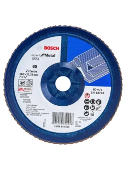 disco flap BOSCH de 7 pulgadas x 7-8 grano 60 con base plastica para desbaste de metal