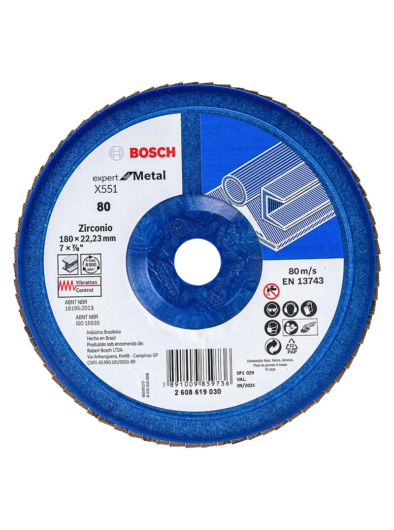 Disco flap para pulir 7" x 7/8" grano 80 base plástica BOSCH disco flap BOSCH de 7 pulgadas x 7-8 grano 80 con base plastica para desbaste y acabado de metal