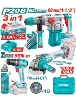 combo pulidora rotomartillo 1-1/8 taladro 1/2 TOTAL con 2 baterías 5 Ah y brocas