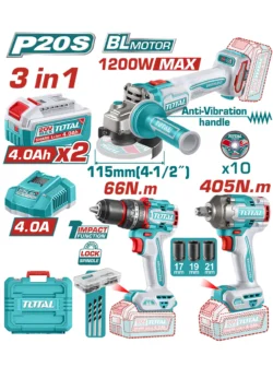 combo pulidora 4-1/2 taladro percutor 1/2 llave de impacto 1/2 TOTAL con 2 baterías 4 Ah