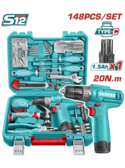 kit de herramientas 148 piezas con taladro 12V TOTAL con llaves y copas para uso profesional
