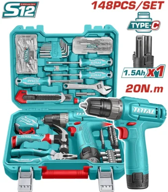 kit de herramientas 148 piezas con taladro 12V TOTAL con llaves y copas para uso profesional