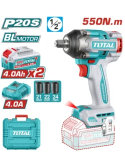 llave de impacto inalámbrica 1/2 TOTAL con 2 baterías 4 Ah y 3 copas para trabajo mecánico