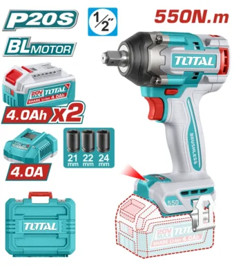 llave de impacto inalámbrica 1/2 TOTAL con 2 baterías 4 Ah y 3 copas para trabajo mecánico