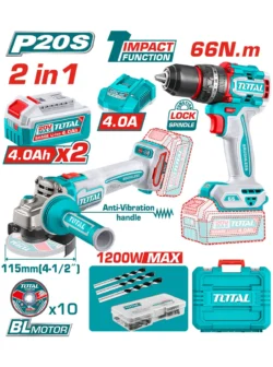 combo pulidora inalámbrica y taladro percutor 1/2 TOTAL con 2 baterías 4 Ah