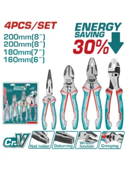 JUEGO DE 4 ALICATES CORTAFRIOS Y PINZA INDUSTRIAL 8" 7" 6" THT2K0458 TOTAL TOOLS