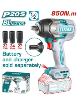 LLAVE DE IMPACTO INALÁMBRICA DE 1/2" CON 3 COPAS TIWLI20851 TOTAL TOOLS