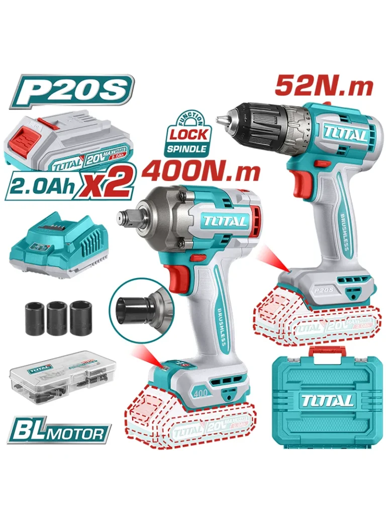 TALADRO INALÁMBRICO 3/8" DE ROTACIÓN + LLAVE INALÁMBRICA 20V 1/2" UTCKLI20271 TOTAL TOOLS