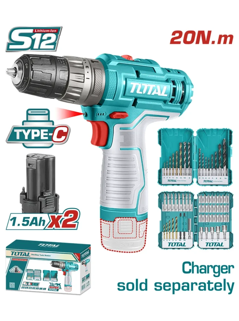 TALADRO INALÁMBRICO PERCUTOR DE 12V 3/8" + PILAS + CARGADOR UTOSLI240467 TOTAL TOOLS