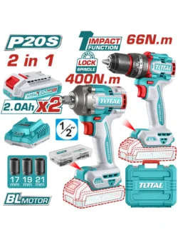 TALADRO INALÁMBRICO ROTACIÓN 1/2" + LLAVE INALÁMBRICA 1/2" 400Nm UTCKLI20275 TOTAL TOOLS
