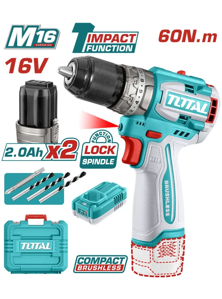 TALADRO INALÁMBRICO PERCUTOR 1/2" 16V 2 PILAS + CARGADOR UTIDLI16682 TOTAL TOOLS