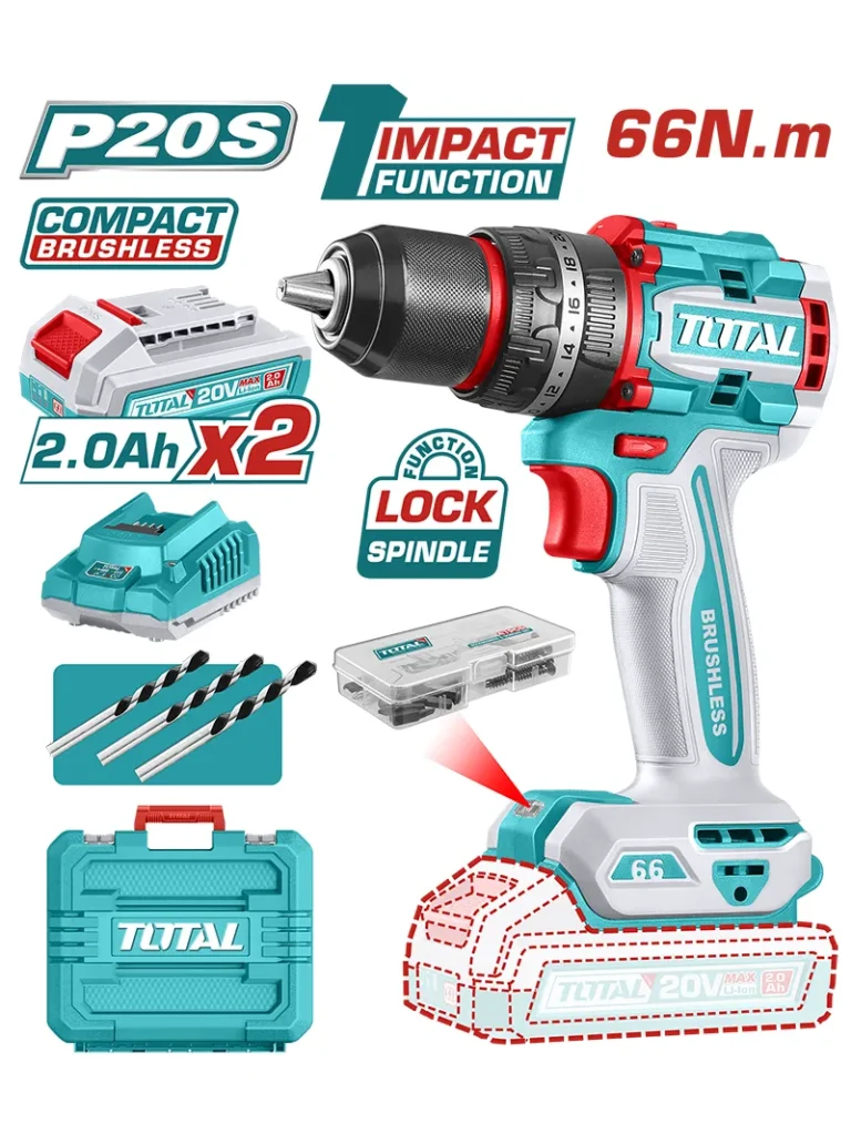 TALADRO INALÁMBRICO PERCUTOR 1/2" 2 PILAS + CARGADOR UTIDLI20668 TOTAL TOOLS