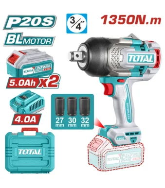 LLAVE INALÁMBRICA DE IMPACTO 3/4" 2 PILA 1350Nm + CARGADOR + COPAS UTIWLI20135 TOTAL TOOLS