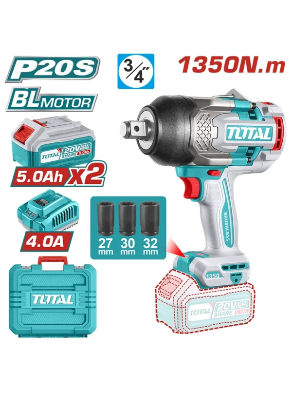 LLAVE INALÁMBRICA DE IMPACTO 3/4" 2 PILA 1350Nm + CARGADOR + COPAS UTIWLI20135 TOTAL TOOLS