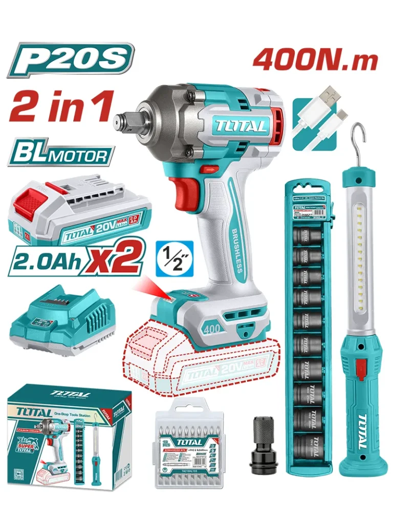 LLAVE INALÁMBRICA DE IMPACTO 2 PILAS 1/2" + CARGADOR + COPAS + LAMPARA UTOSLI23048 TOTAL TOOLS