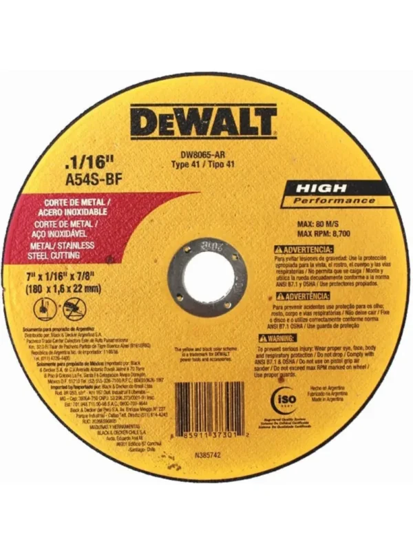 DISCO CORTE ACERO INOXIDABLE T1 7" X 1/16" X 7/8" DEWALT DW8065-AR