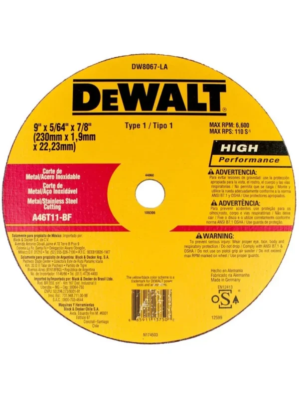 DISCO CORTE ACERO INOXIDABLE T1 9" X 1.9mm DEWALT DW8067LA