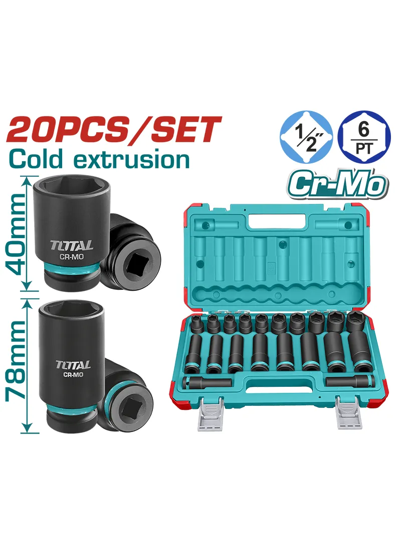 JUEGO DE 20 LLAVES COPA DE IMPACTO CORTA Y LARGA 12 10mm A 24mm TOTAL THKISD12203L JUEGO DE 20 LLAVES COPA DE IMPACTO CORTA Y LARGA 12 10mm A 24mm TOTAL THKISD12203L
