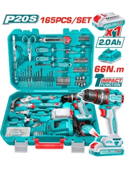 Taladro Percutor 20V 66Nm + Kit Herramientas Manuales 165 Piezas TOTAL TOOLS