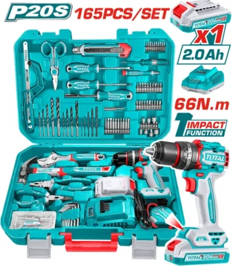 Taladro Percutor 20V 66Nm + Kit Herramientas Manuales 165 Piezas TOTAL TOOLS