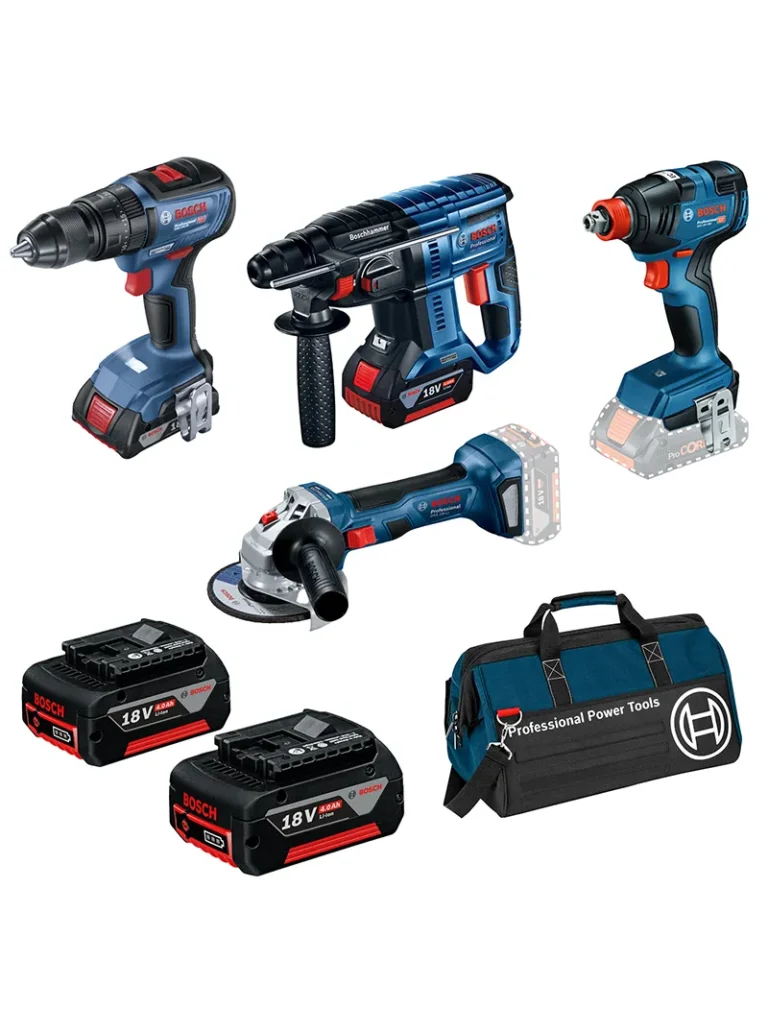 COMBO TALADRO INALÁMBRICO + ROTOMARTILLO + LLAVE DE IMPACTO + PULIDORA + 2 PILAS 4Ah BOSCH