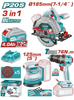 TALADRO INALÁMBRICO PERCUTOR + SIERRA 7.14 + LIJADADORA ROTO ORBITAL + 2 BATERÍAS TOTAL UTOSLI250181