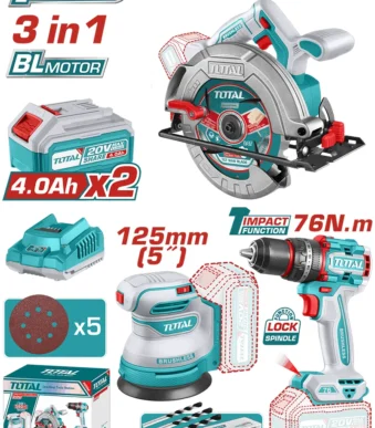 TALADRO INALÁMBRICO PERCUTOR + SIERRA 7.14 + LIJADADORA ROTO ORBITAL + 2 BATERÍAS TOTAL UTOSLI250181