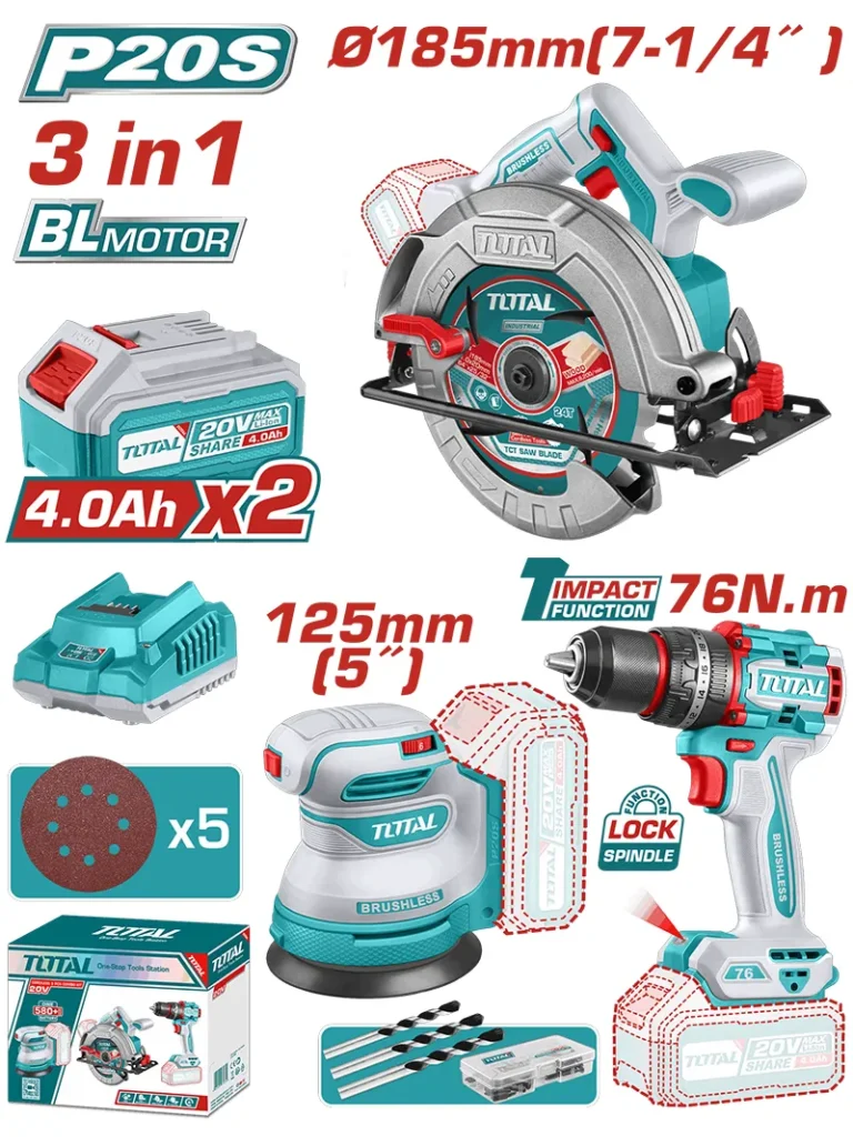 TALADRO INALÁMBRICO PERCUTOR + SIERRA 7.14 + LIJADADORA ROTO ORBITAL + 2 BATERÍAS TOTAL UTOSLI250181