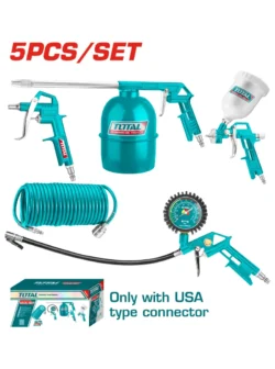 kit 5 piezas Total TATK053-1 con pistola petrolizar, pistola soplar, aerógrafo, manómetro y manguera para compresor